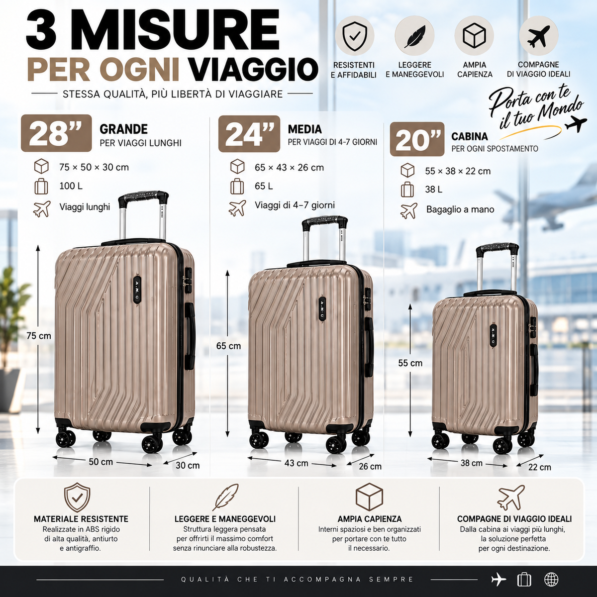 Set 4 Valigie da Viaggio Rigide + Beauty Case Trolley 4 Ruote 360 con Chiusura 8