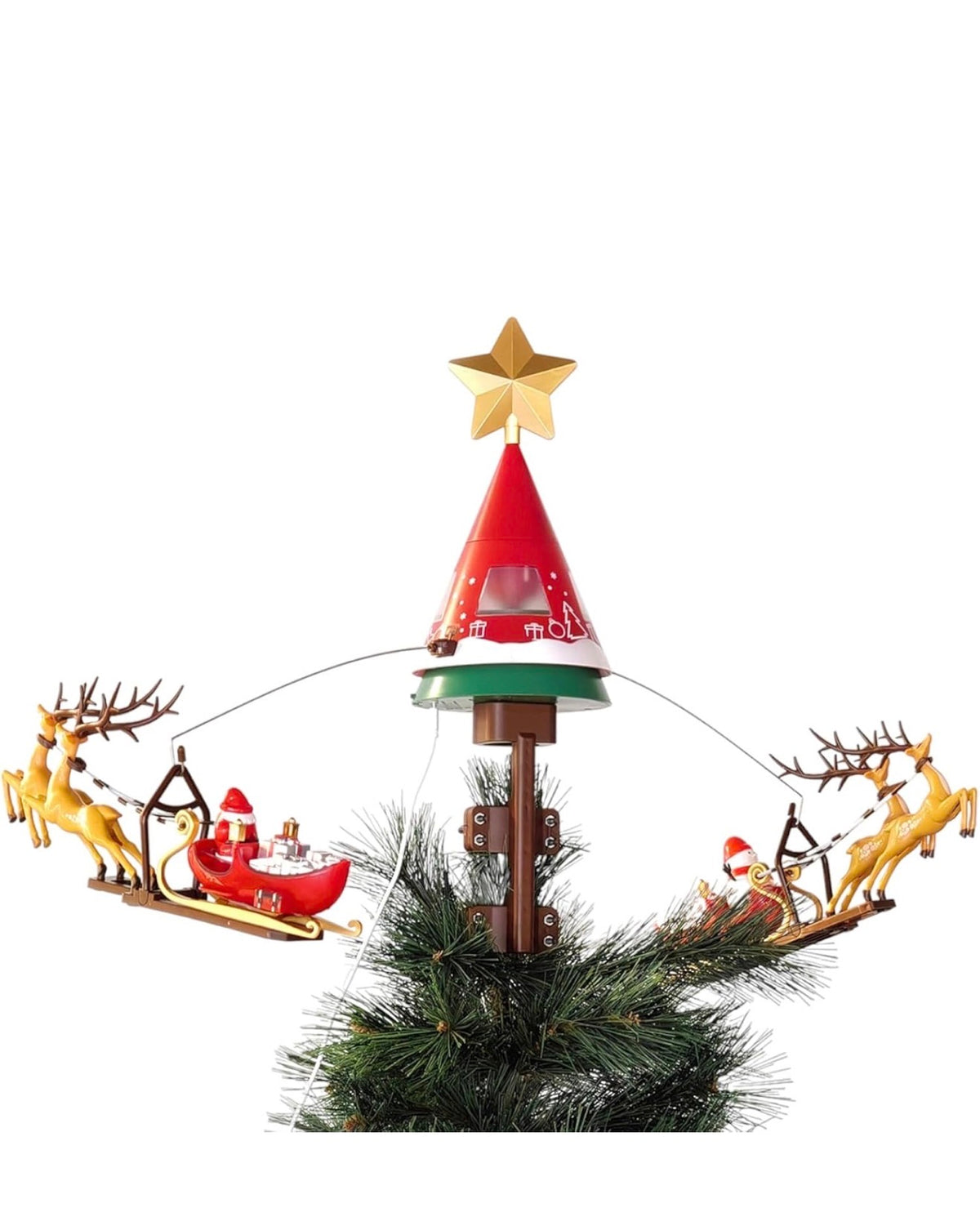 Puntale Rotante per Albero di Natale con Stella e Slitta di Babbo Natale con MOVIMENTO 65 cm Giostrina Natalizia Puntale con LUCI LED Fuori Porta Coccarda Ghirlanda addobbo Dorato Metallizzato 16 cm 2