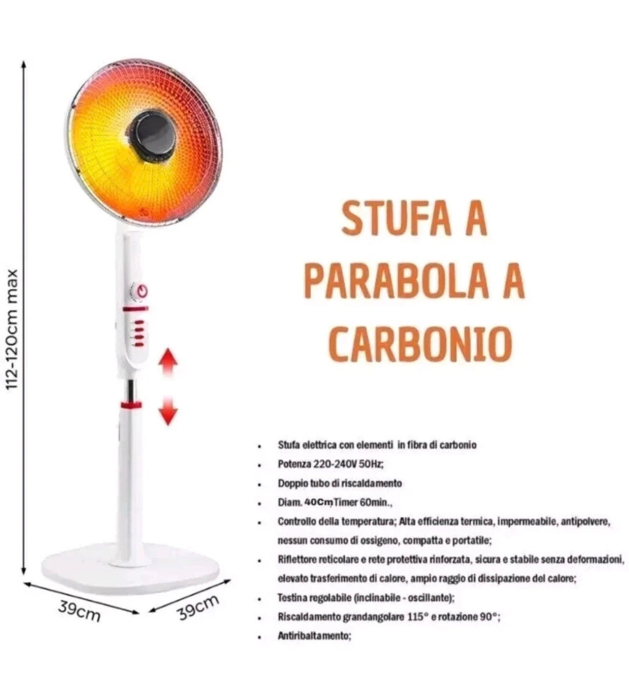 Stufa a Carbonio a piantana girevole   1000W  oscillante  2 livelli riscaldatore