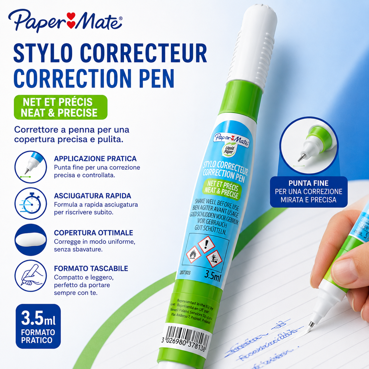 Paper Mate Liquid Paper Correttore a Penna 3,5 ml, Punta Fine di Precisione, Asciugatura Rapida, Correttore Bianco per Scuola e Ufficio 1