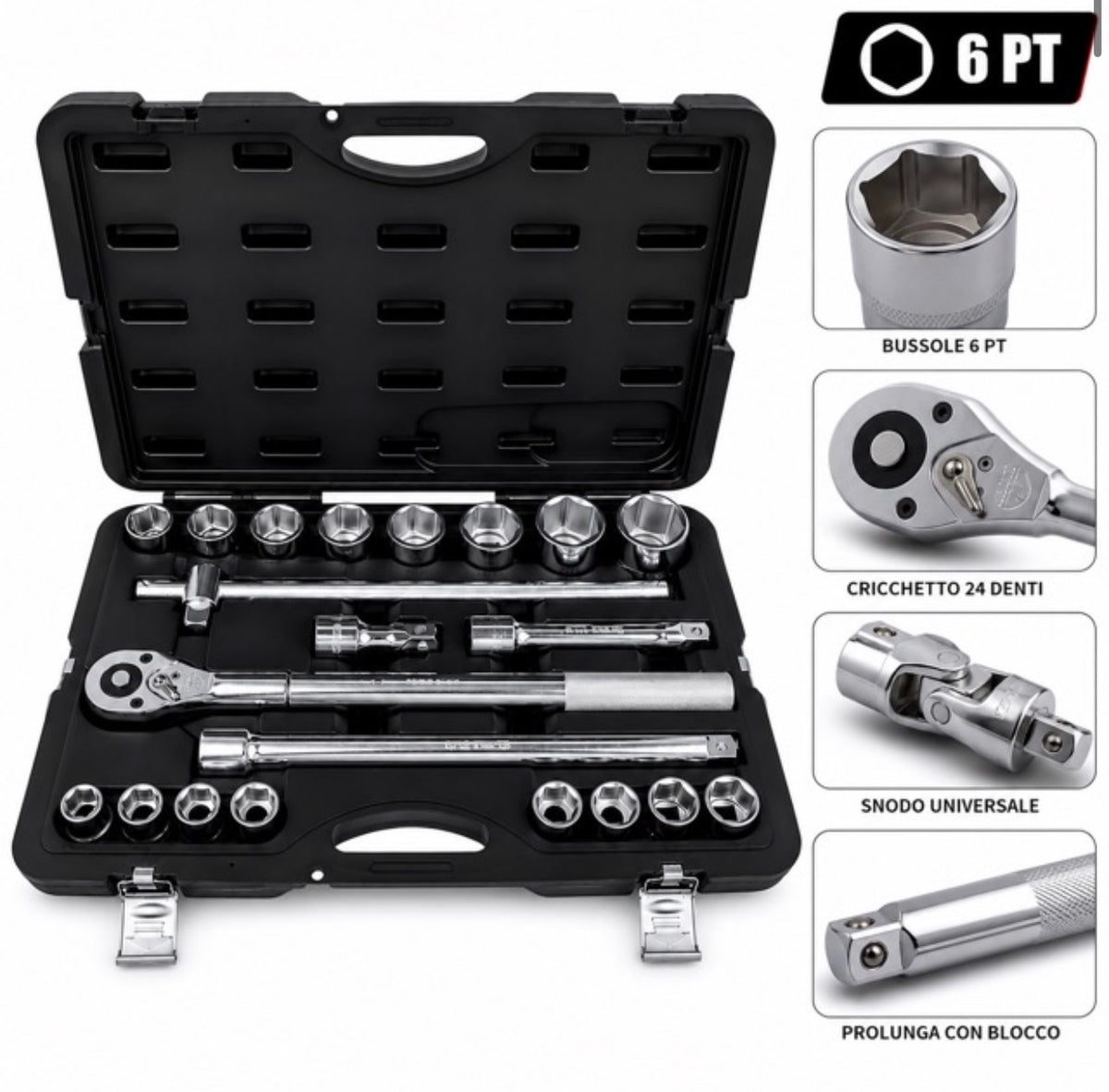 Set Bussole 21 Pezzi 3/4 6 Punte Professionale, Chiavi a Bussola in Acciaio
AMC CODICE: CHIAVI-6PT