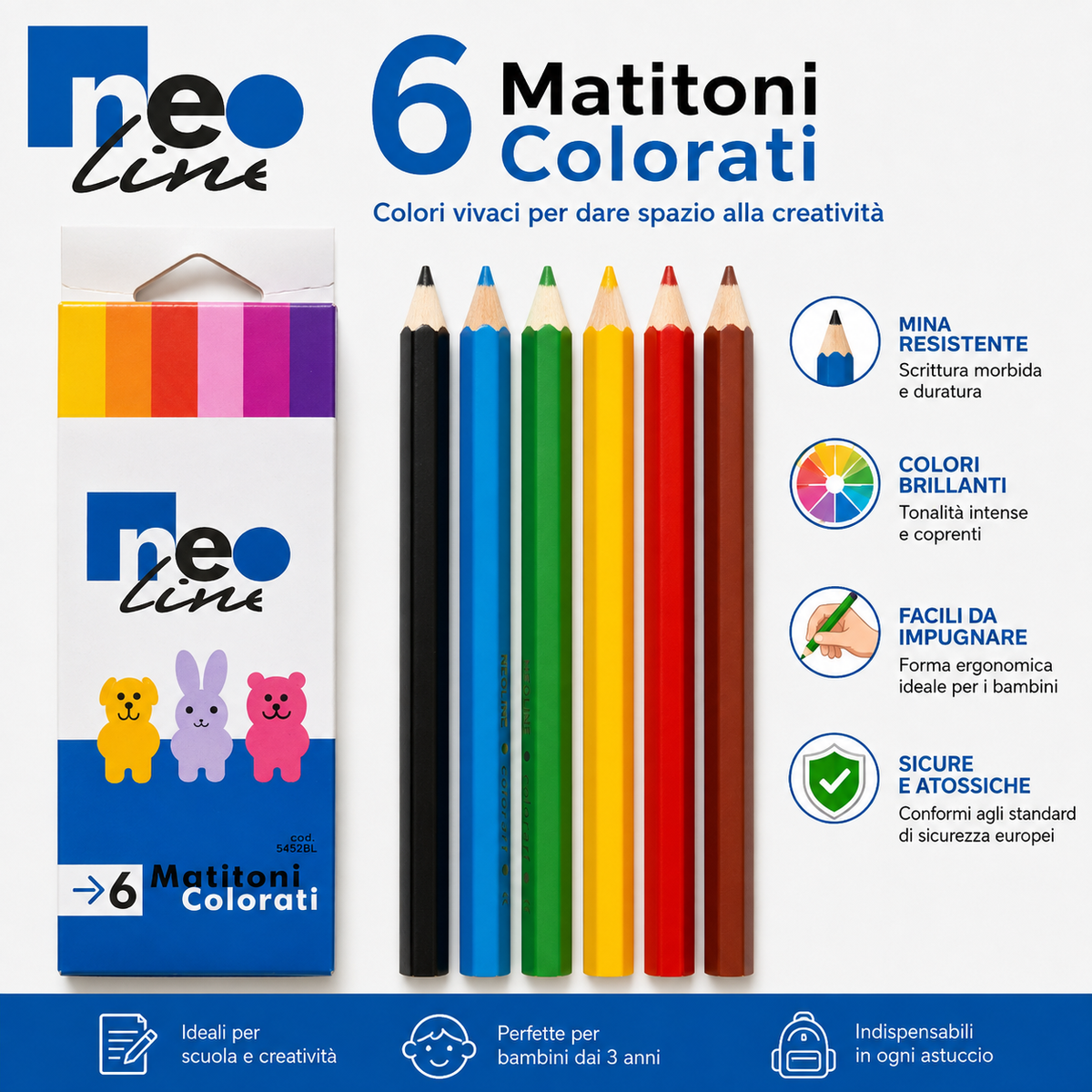 Neo Line Matitoni Colorati 6 Colori – Matite Colorate Jumbo per Bambini – Mina Resistente, Colori Vivaci, Ideali per Scuola, Disegno e Creatività 1
