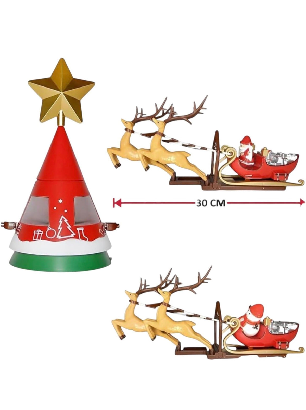 Puntale Rotante per Albero di Natale con Stella e Slitta di Babbo Natale con MOVIMENTO 65 cm Giostrina Natalizia Puntale con LUCI LED Fuori Porta Coccarda Ghirlanda addobbo Dorato Metallizzato 16 cm 4