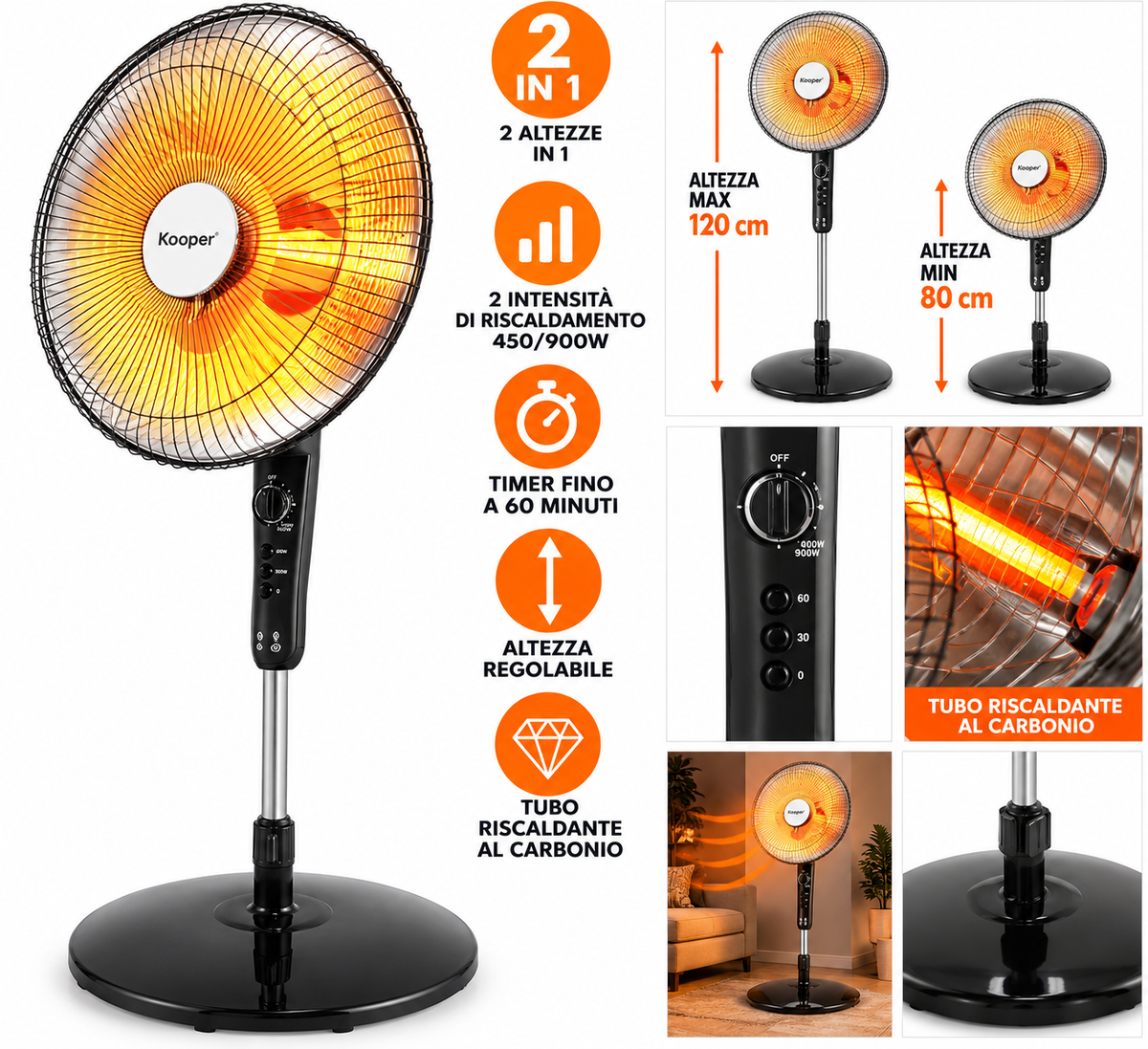 Kooper Piantana a Infrarossi al Carbonio 900W – Stufa Elettrica da Terra, 2 Altezze in 1, 2 Livelli di Riscaldamento 450/900W, Oscillante, Altezza Regolabile, Timer 60 Minuti 2