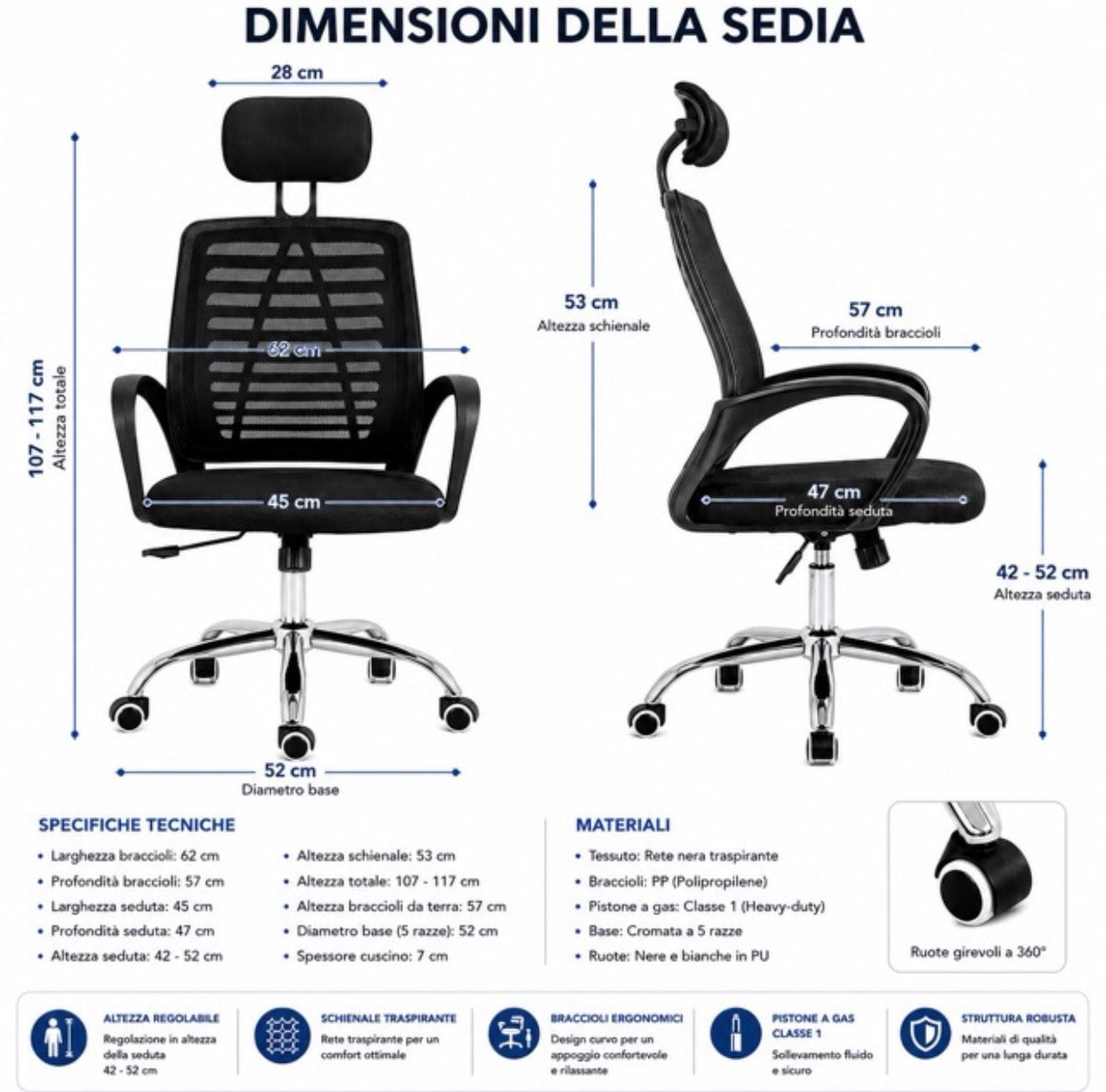 Sedia da Ufficio Ergonomica con Poggiatesta Regolabile Seduta Imbottita Poltrona 10