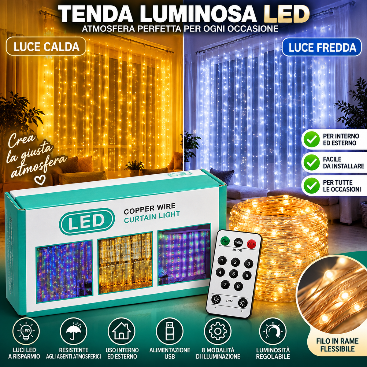3 Pezzi di Tenda Luminosa LED 3×3 metri – Luce Calda / Luce Fredda 4