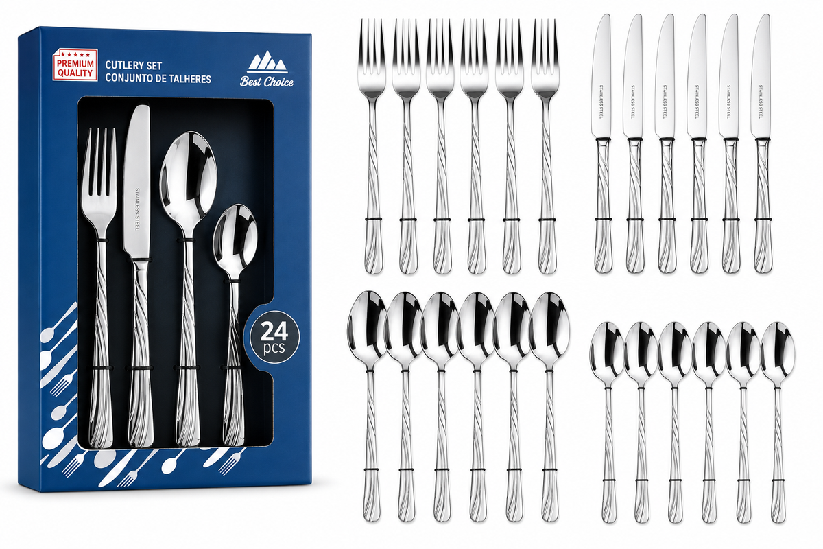 Servizio Posate 24 Pezzi in Acciaio Inox – Set Completo 6 Forchette, 6 Coltelli, 6 Cucchiai e 6 Cucchiaini, Finitura Dorata Elegante, Design con Manico Decorato 3