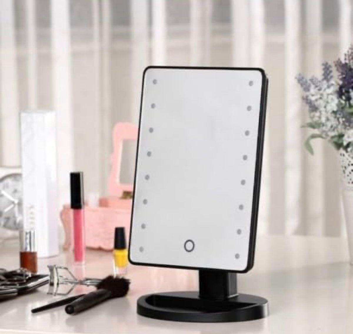 Specchio da Trucco con Luci LED, Touch Screen, Supporto da Tavolo e Base Portaoggetti 3