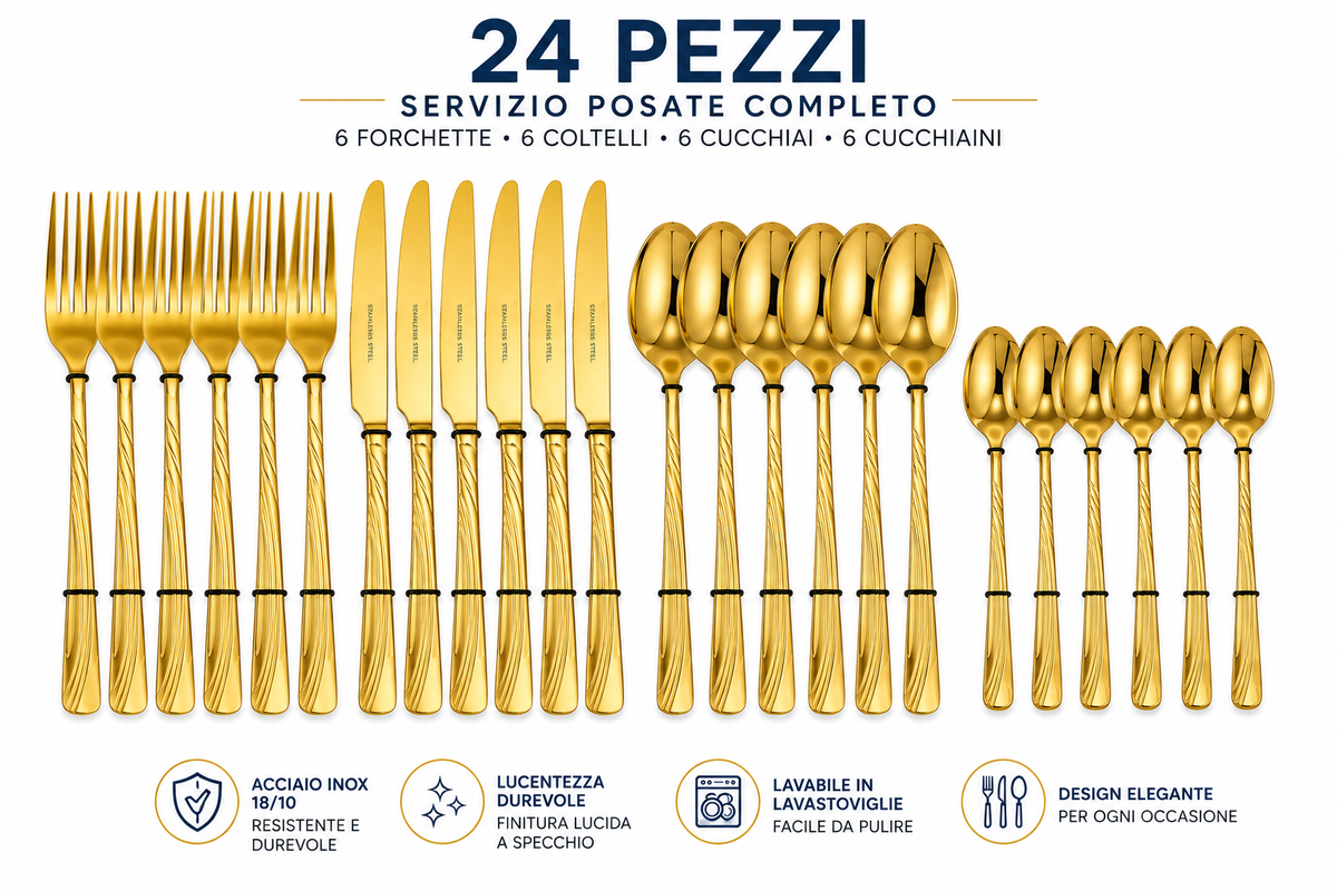 Servizio Posate 24 Pezzi in Acciaio Inox – Set Completo 6 Forchette, 6 Coltelli, 6 Cucchiai e 6 Cucchiaini, Finitura Dorata Elegante, Design con Manico Decorato 6