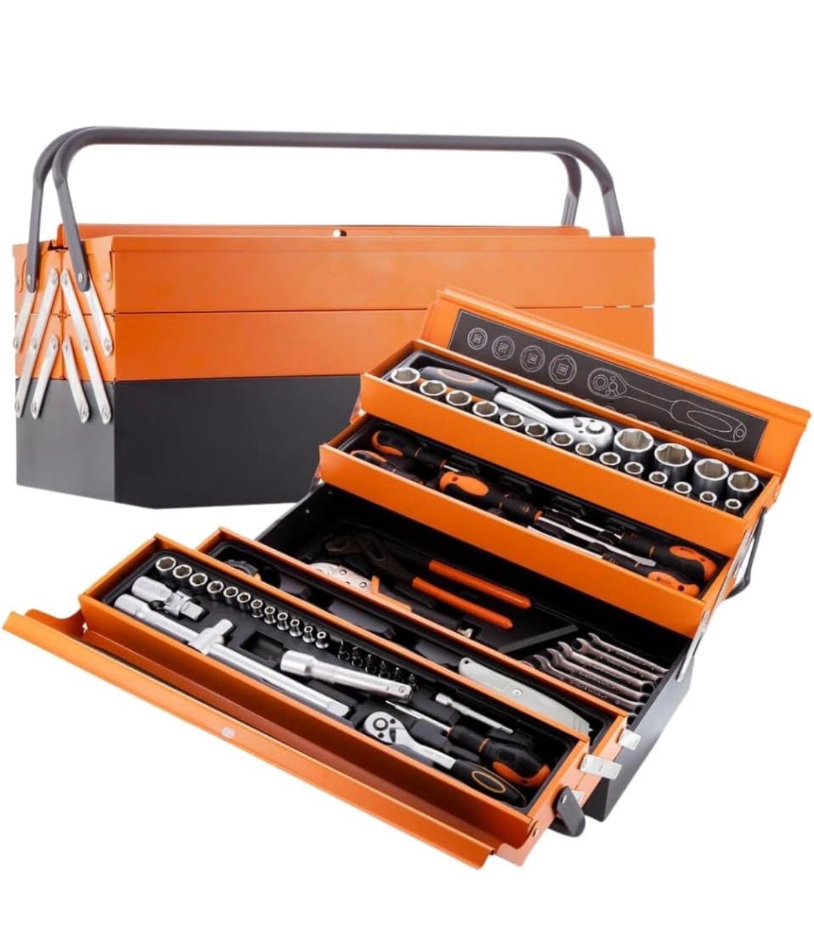 A.M.C. Cassetta Attrezzi Chiavi Completa con 85 Pezzi in Metallo Cassetta Porta Utensili Organizer per Attrezzi Resistente Pieghevole con Occhiello per Lucchetto per Fai da Te Meccanico Elettricista