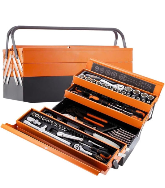 A.M.C. Cassetta Attrezzi Chiavi Completa con 85 Pezzi in Metallo Cassetta Porta Utensili Organizer per Attrezzi Resistente Pieghevole con Occhiello per Lucchetto per Fai da Te Meccanico Elettricista