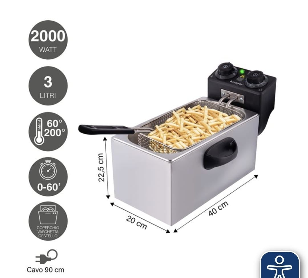 🍟 Friggitrice Elettrica Kooper 3 Litri – 2000W in Acciaio Inox 4