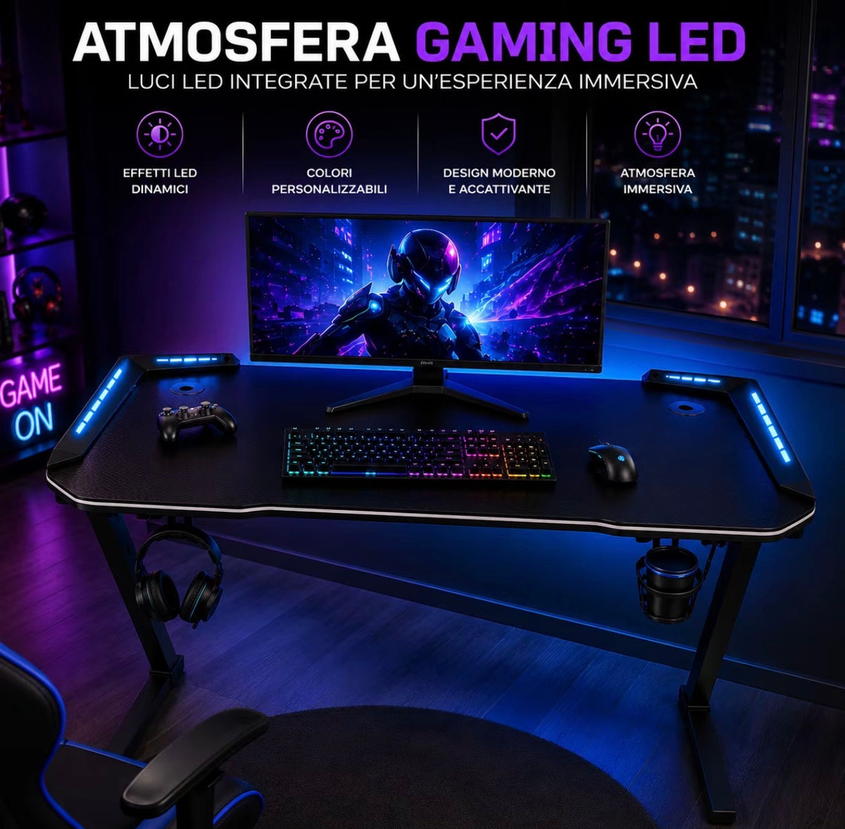 Scrivania Gaming 120x60 cm con Luci LED RGB, Tavolo da Gaming per PC e Console, Struttura in Acciaio, Portacuffie e Portabicchieri, 2 Passacavi, Capacità di Carico 100 kg 2