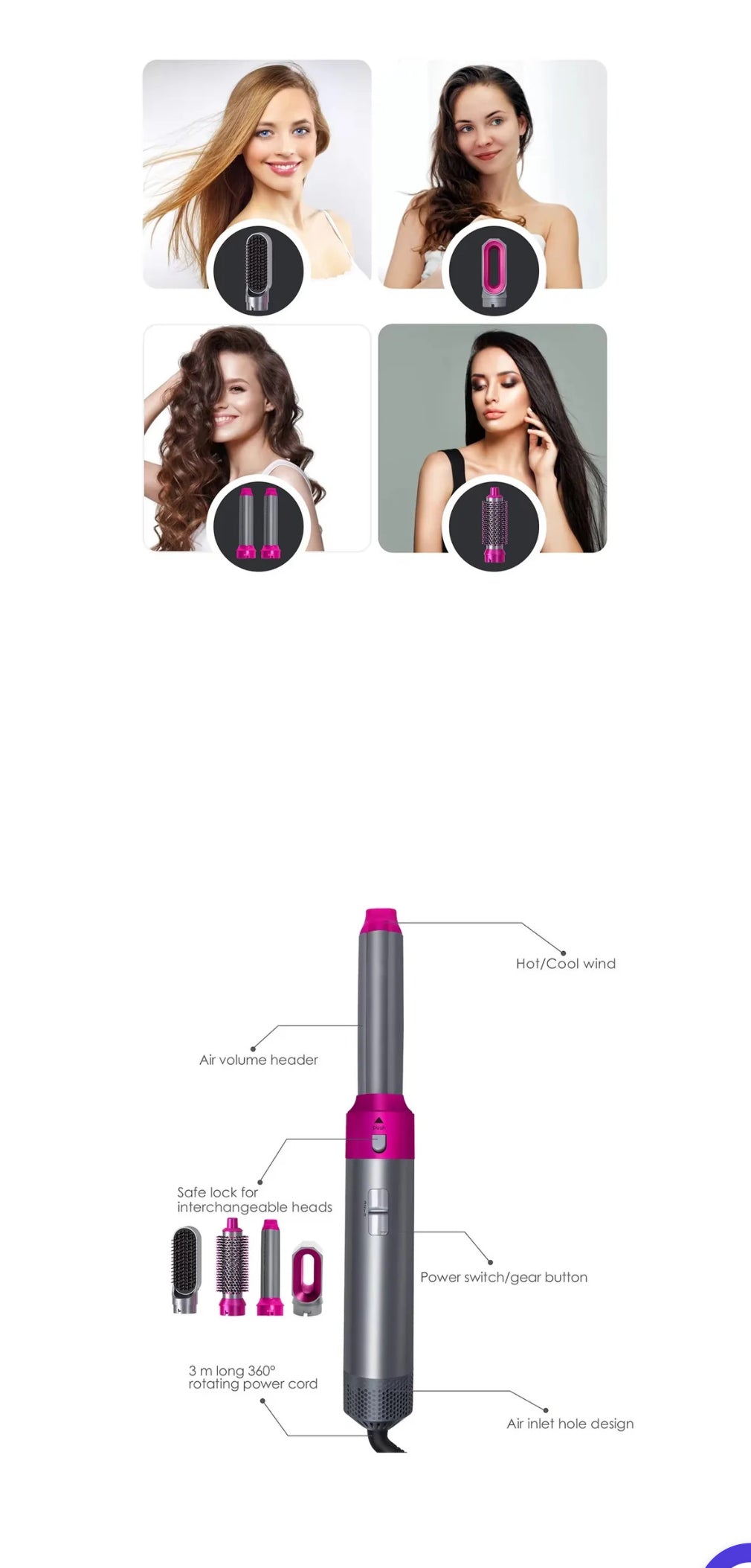 Asciugacapelli 5 In 1 Set Spazzole Capelli Pettine Ad Aria Calda Arricciacapelli -