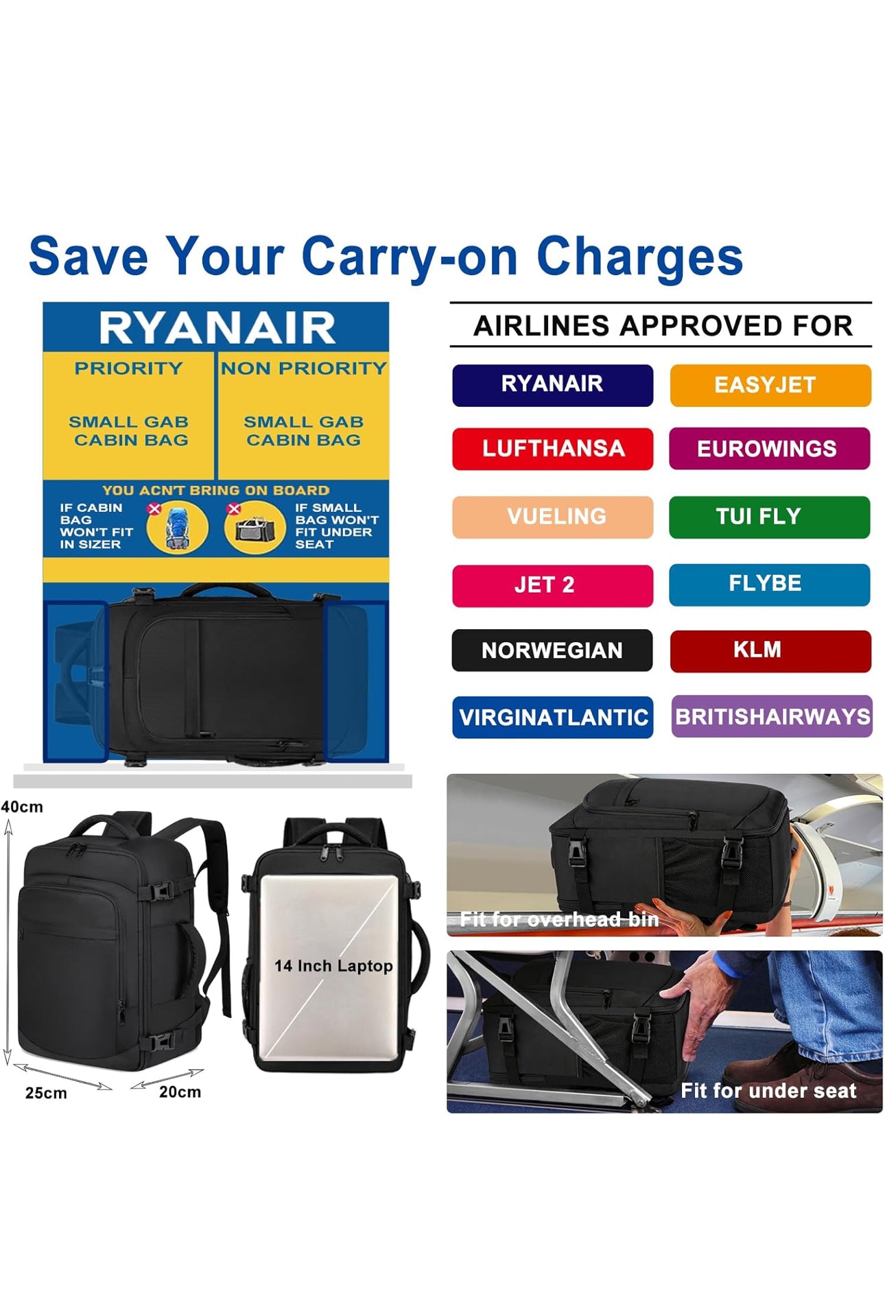 Zaino per Ryanair 40x20x25 Zaino da Viaggio Aereo Bagaglio a Mano 40x20x25 per Ryanair/Wizzair 20L Piccolo Borsa da Cabina per Voli Borsa da Viaggio Aereo Zaini Casual 14 Pollici Porta PC