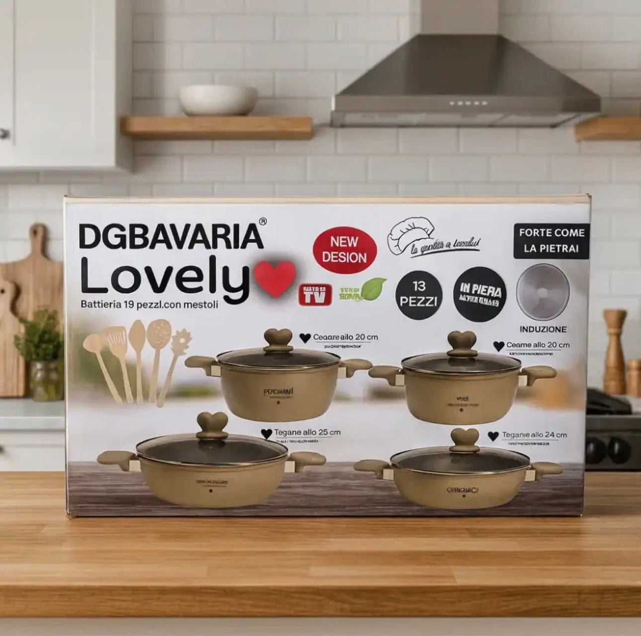 DGBavaria Lovely Set 13 Pezzi Pentole Pietra Crema Coperchi Cuore con Mestoli