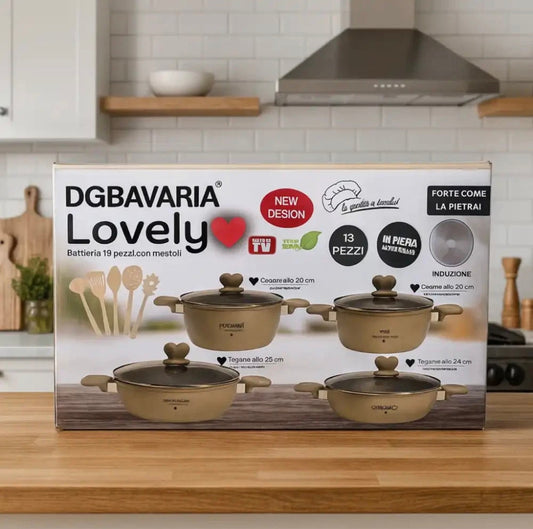 DGBavaria Lovely Set 13 Pezzi Pentole Pietra Crema Coperchi Cuore con Mestoli