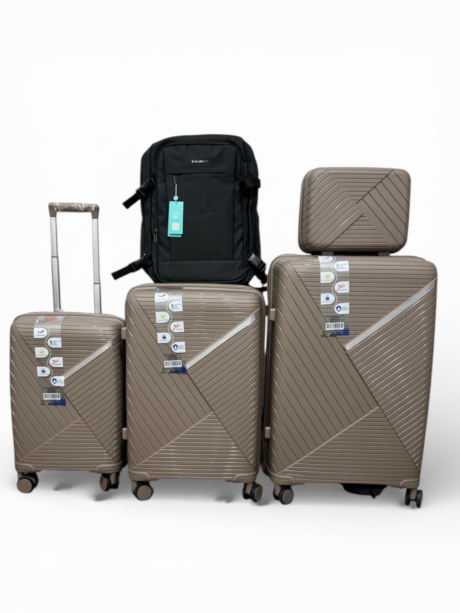 Set di valigie 5 pezzi a guscio morbido , trolley in ABS con beauty case, set di valigie piu zaino