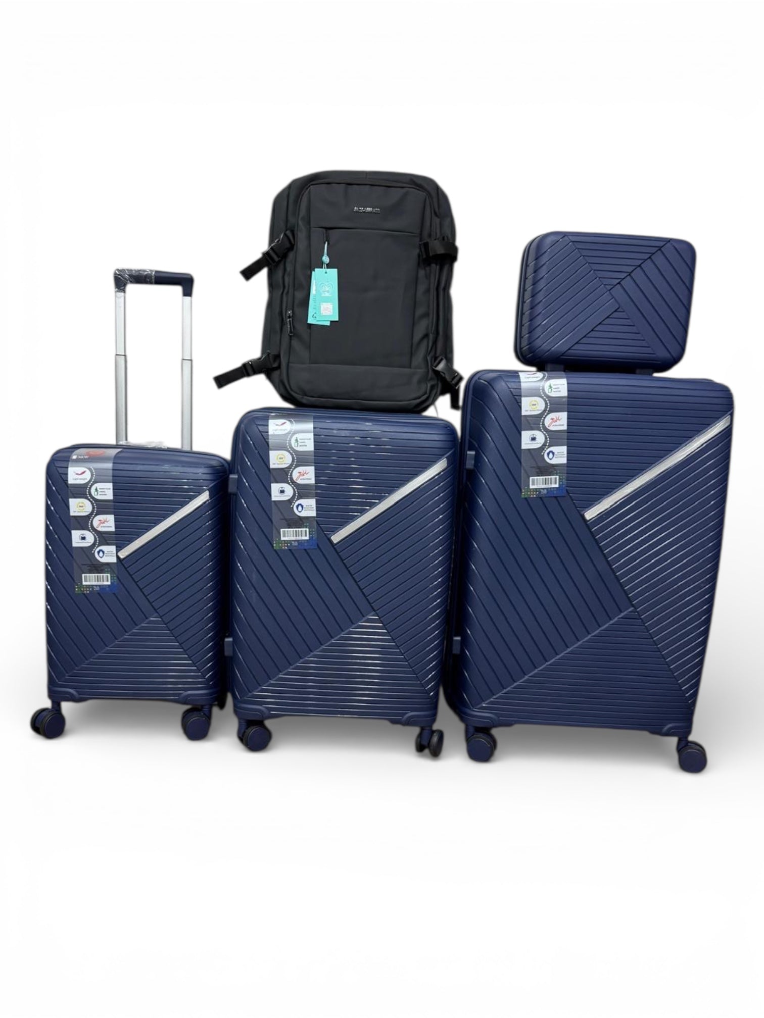Set di valigie 5 pezzi a guscio morbido , trolley in ABS con beauty case, set di valigie piu zaino 3