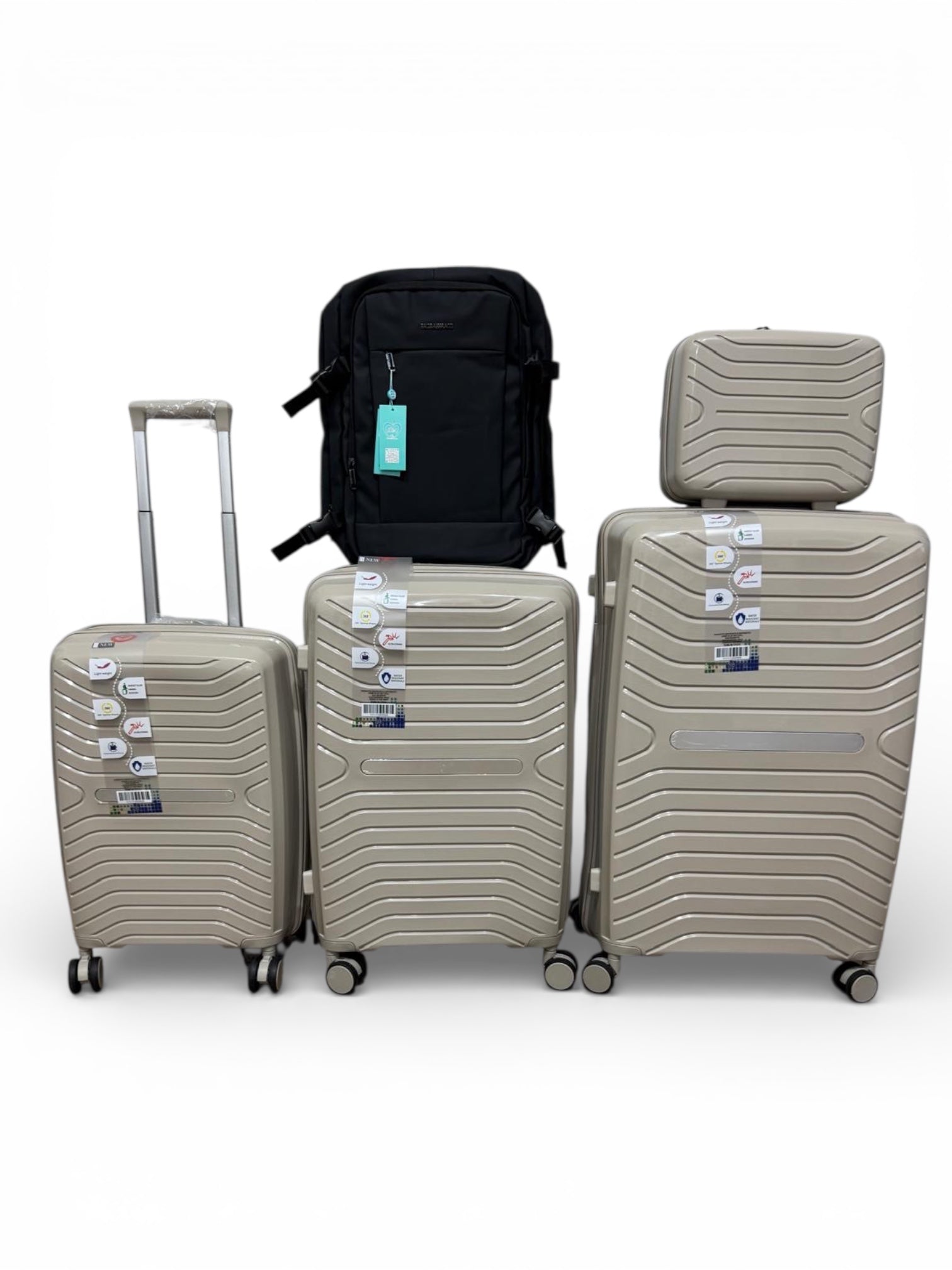 Set di valigie 5 pezzi a guscio morbido , trolley in ABS con beauty case, set di valigie piu zaino 4
