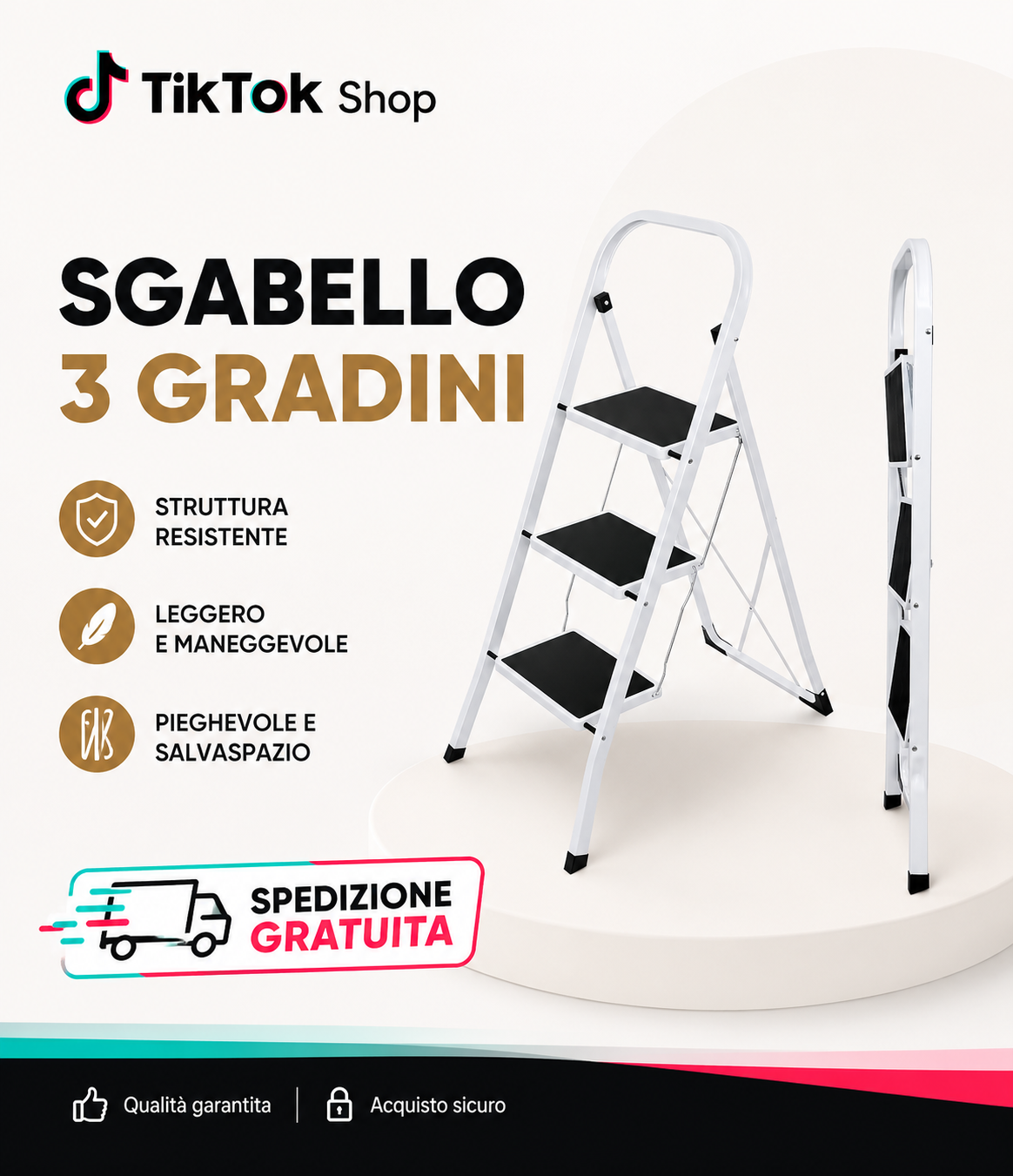 Scala Domestica 3 Gradini con Maniglione | Antiscivolo | 150 Kg