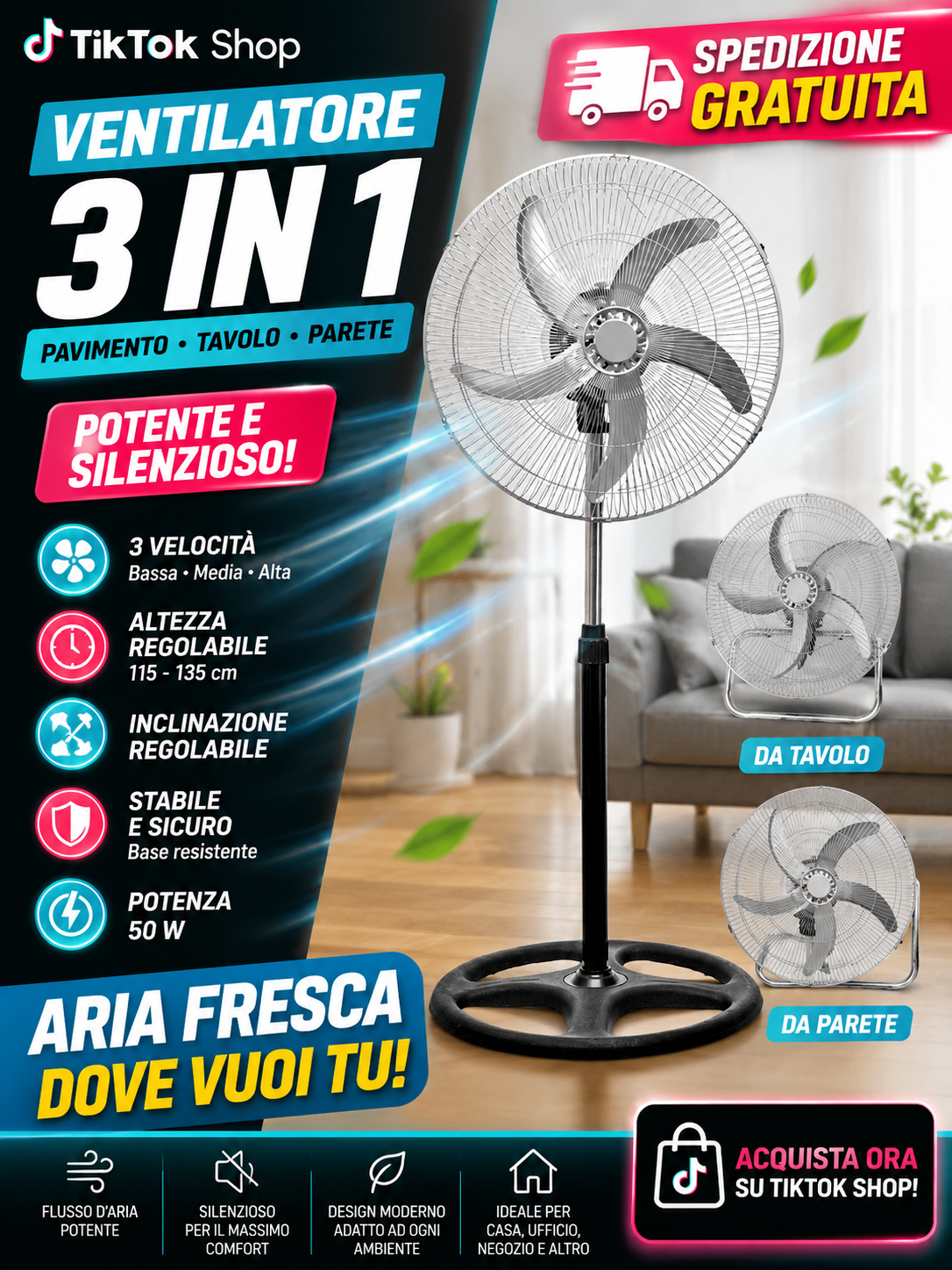 Ventilatore 3 in 1 Piantana da Tavolo e Parete 50W 5 Pale in Metallo Oscillante suprema