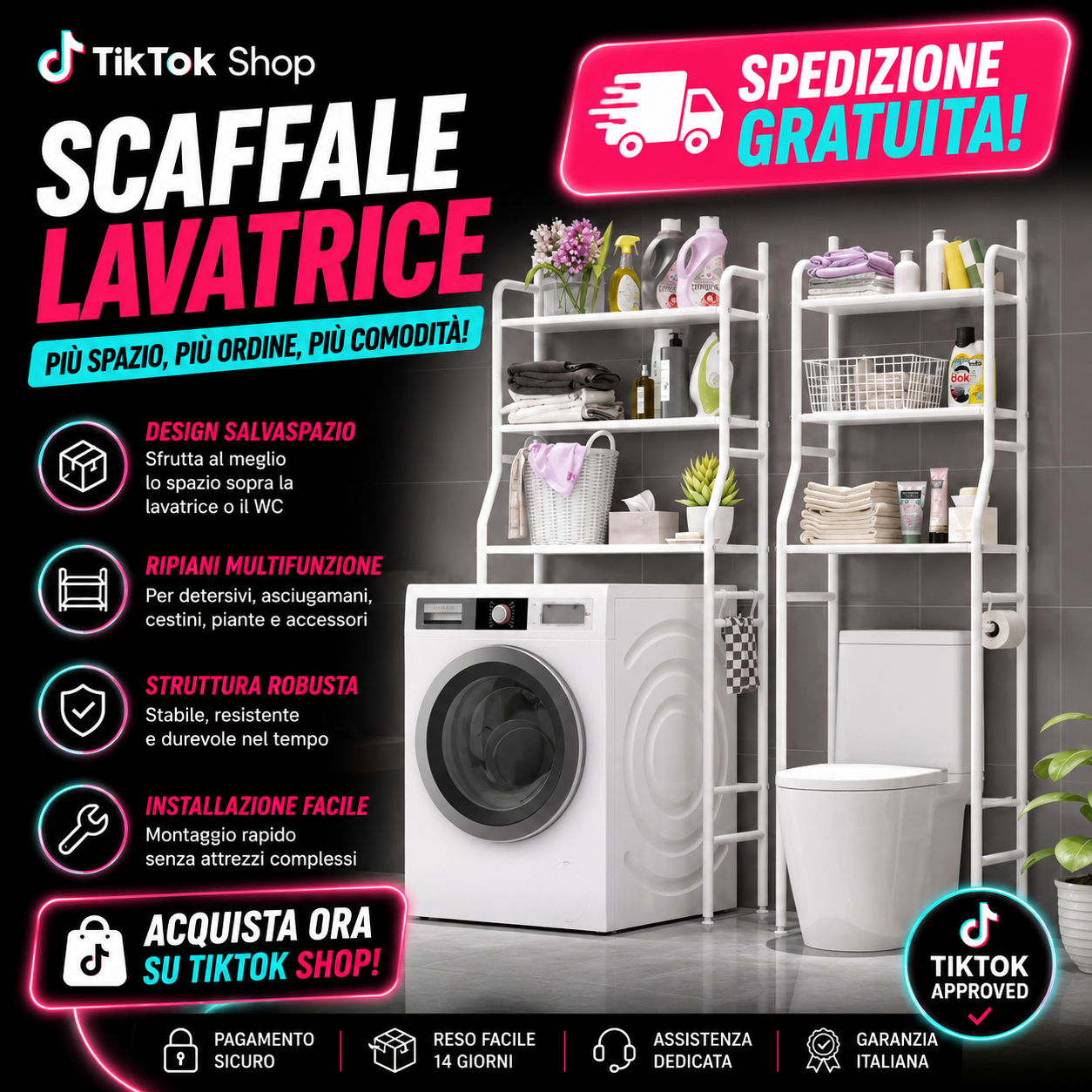 Scaffale Bagno Sopra Lavatrice 155x65x25 3 Ripiani Mobile bianco  Salvaspazio