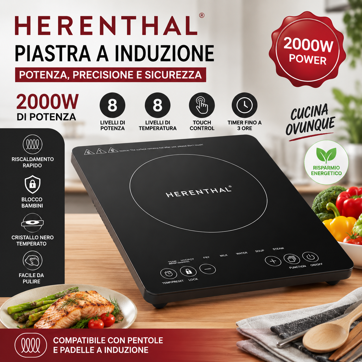 Piastra a Induzione HERENTHAL 2000W – Potenza, Velocità e Risparmio Energetico 🔥🍳 1