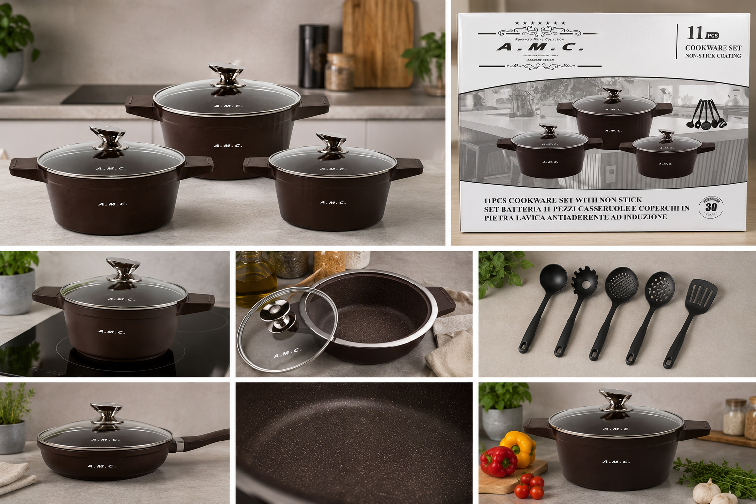 Set Pentole A.M.C. 11 Pezzi con Coperchi e Utensili – Antiaderente 2