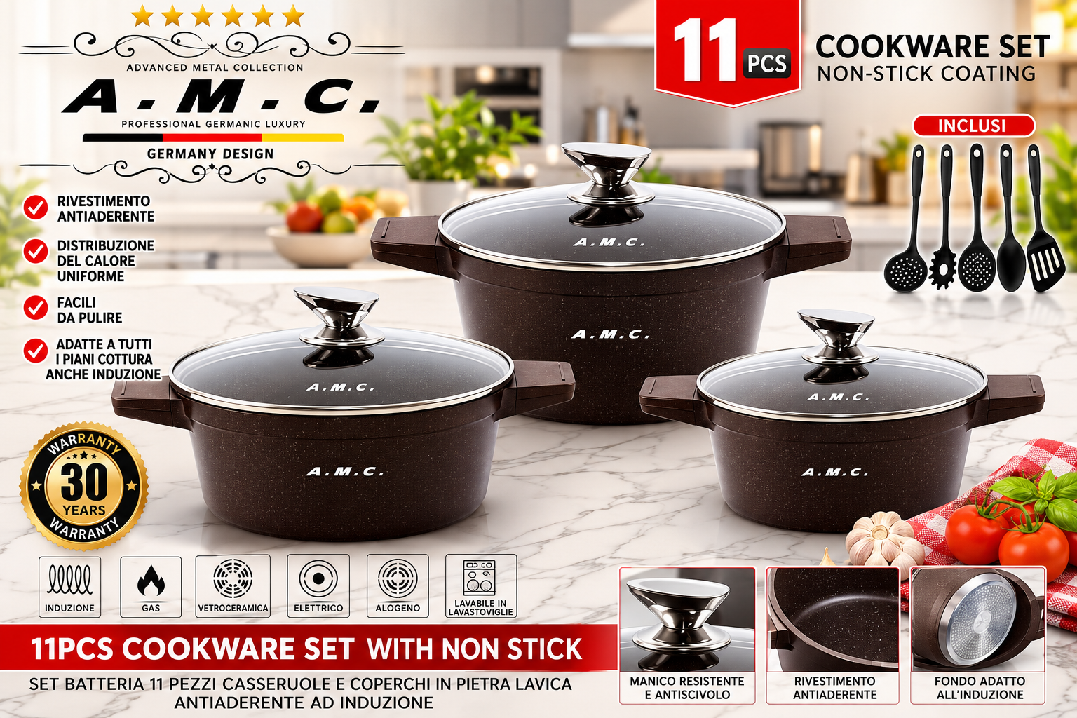 Set Pentole A.M.C. 11 Pezzi con Coperchi e Utensili – Antiaderente 1