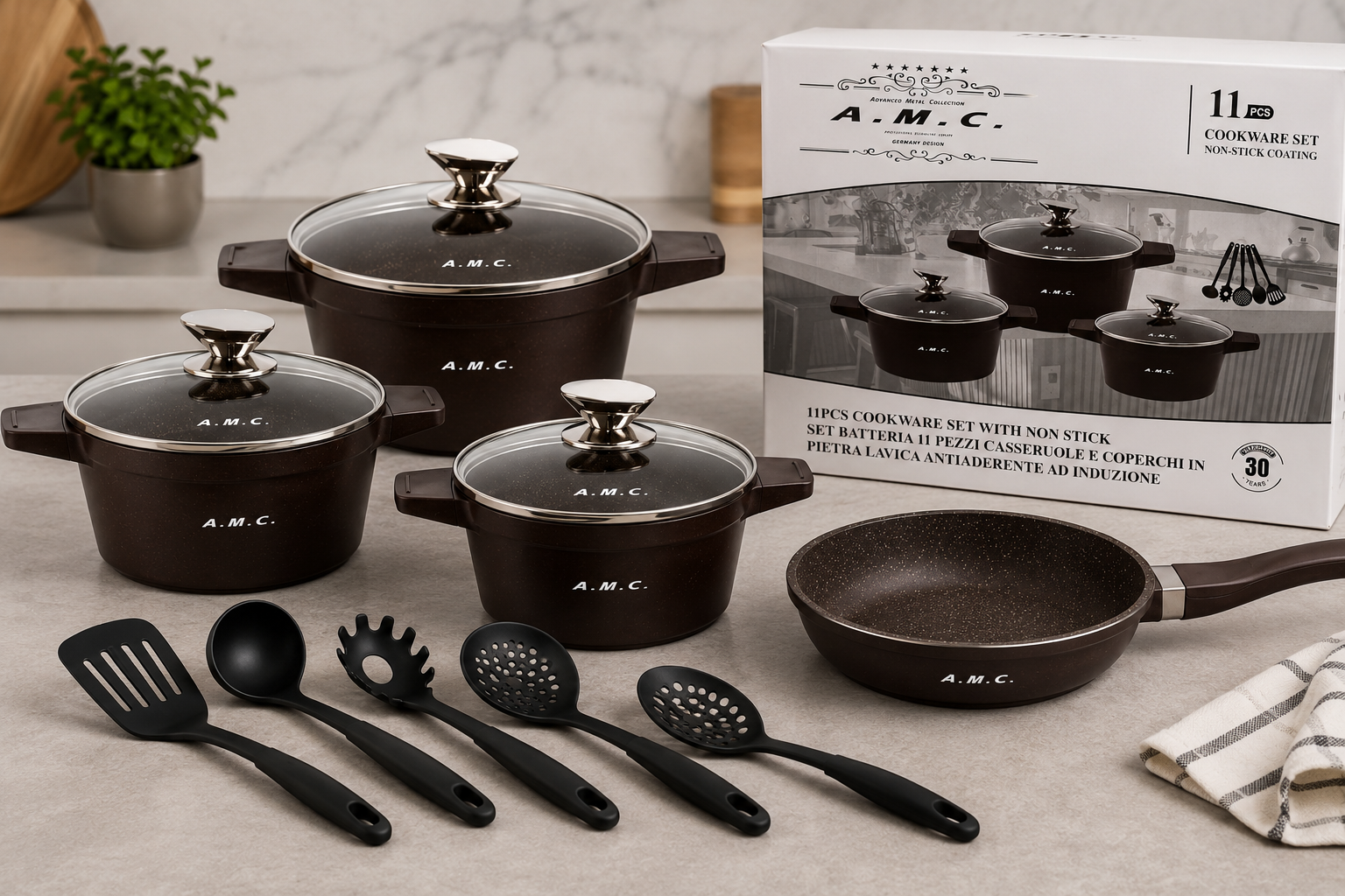 Set Pentole A.M.C. 11 Pezzi con Coperchi e Utensili – Antiaderente 4