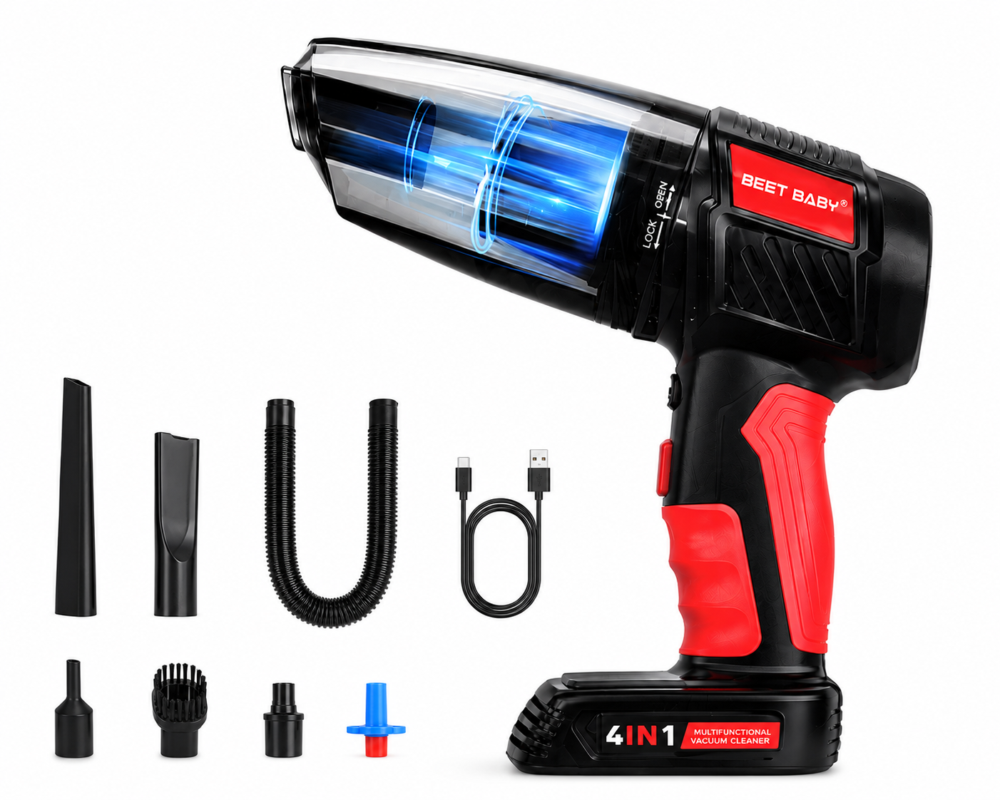 Aspiratore Auto Portatile 4 in 1 con Compressore d’Aria – Aspirapolvere Senza Fili, Gonfiatore Pneumatici, Soffiatore e Torcia LED 2