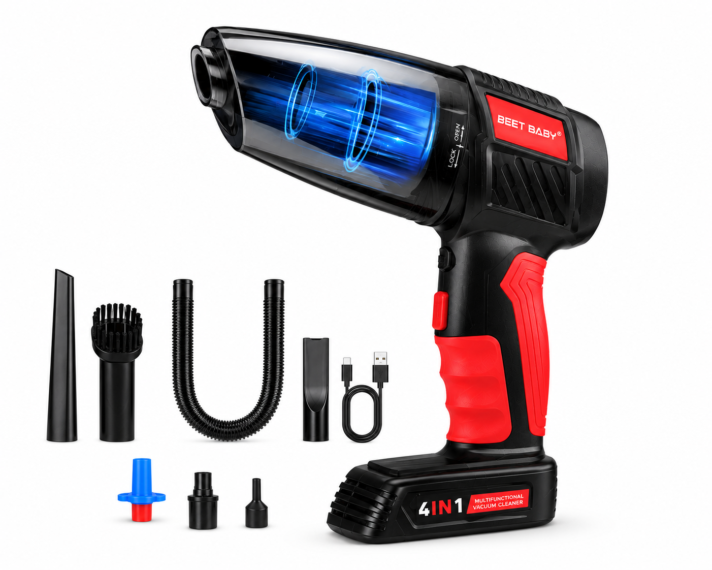 Aspiratore Auto Portatile 4 in 1 con Compressore d’Aria – Aspirapolvere Senza Fili, Gonfiatore Pneumatici, Soffiatore e Torcia LED 3