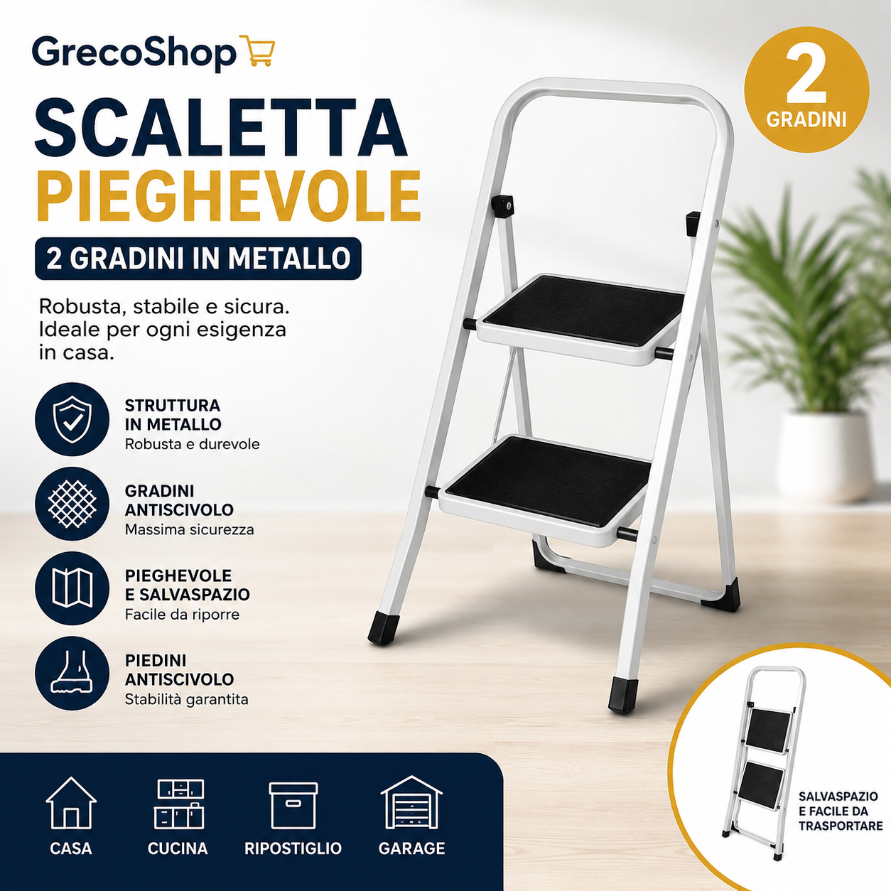 GrecoShop Scaletta Pieghevole 2 Gradini in Metallo Antiscivolo – Mini Scala Robusta e Stabile, Sgabello Salvaspazio con Piedini Antiscivolo, Ideale per Casa, Cucina, Armadi e Ripiani Alti 1
