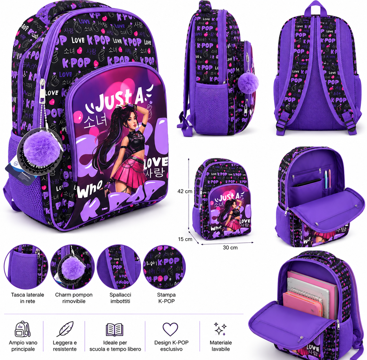 Zaino Scuola K-POP Ragazza – Zaino con Grafica Fashion, Spallacci Imbottiti, Tasche Laterali, Zaino per Scuola, Tempo Libero e Viaggi – Nero/Viola 2