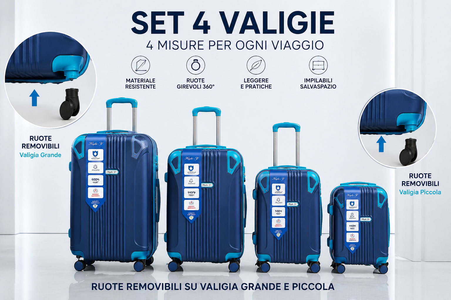 Set 4 Valigie Rigide ABS – Trolley 4 Pezzi con Ruote Girevoli 360°, Manico Telescopico, Ruote Removibili su Valigia Grande e Piccola, Valigie Impilabili 1
