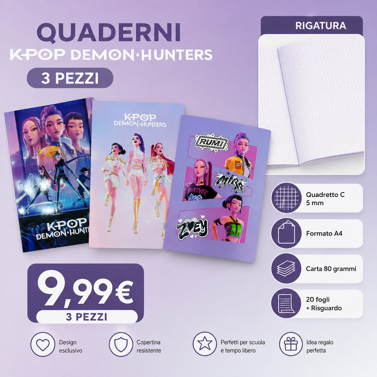 K-POP Demon Hunters - STATIONERY - 3 Quaderni con graffetta, formato A4, ideale per bambini, comodo e versatile, resistenza, 20,5 x 29,7 cm 1