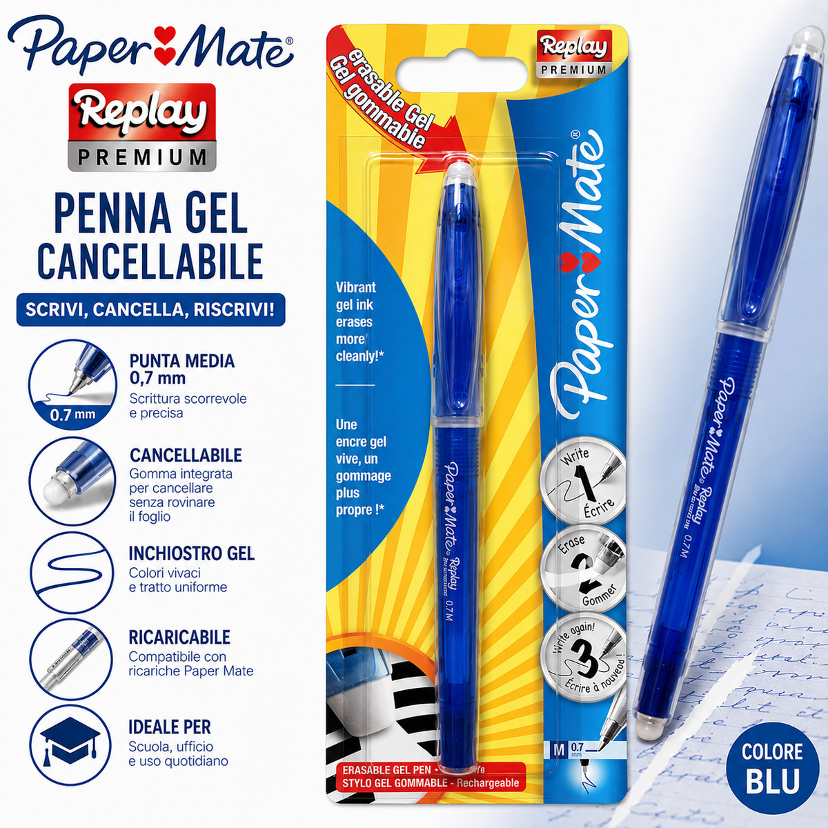 Paper Mate Replay Premium Penna Gel Cancellabile Blu, Punta Media 0,7 mm, Inchiostro Gel Cancellabile, Ricaricabile 1