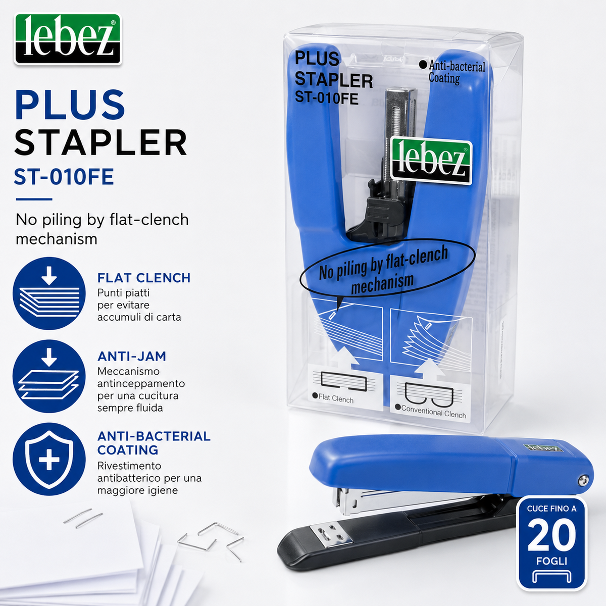 Lebez Plus Stapler ST-010FE Cucitrice da Tavolo Flat Clench, Rivestimento Antibatterico, Colore Blu, Fino a 20 Fogli 1