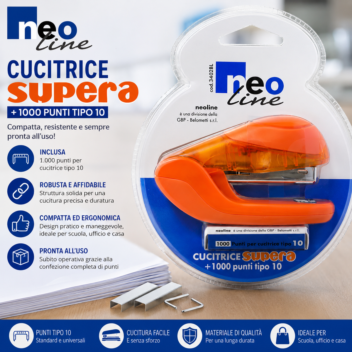 Neo Line Cucitrice Supera con 1000 Punti Tipo 10 Inclusi, Cucitrice da Tavolo Compatta, Colore Arancione 1