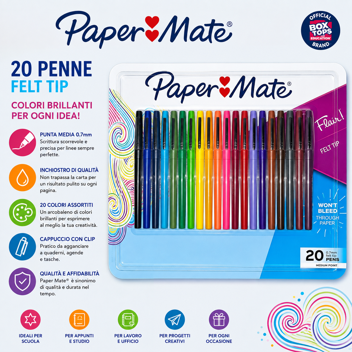 Paper Mate Flair Penne a Punta in Feltro, Confezione da 20 Colori Assortiti, Punta Media 0,7 mm, Inchiostro che Non Trapassa la Carta 1