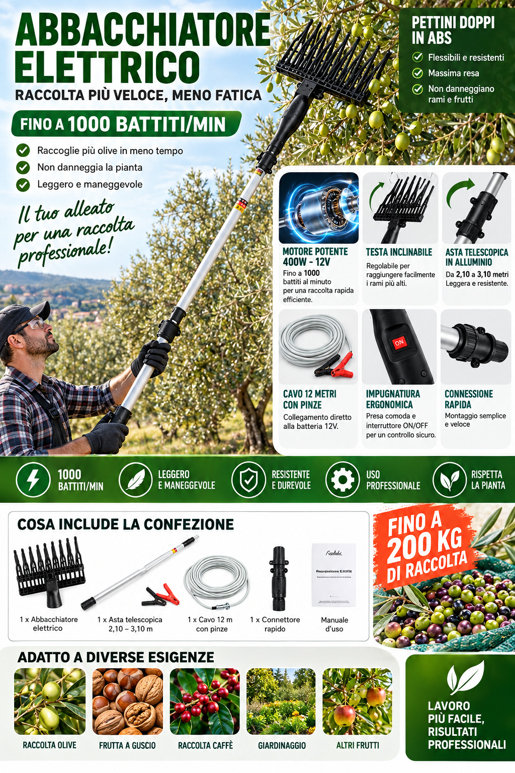 Abbacchiatore Elettrico Scuotolive 12V 400W, Fino a 1000 Battiti/Min, Asta Telescopica in Alluminio 2,10–3,10 m, Pettini in ABS, Cavo 12 m con Pinze, Raccoglitore per Olive e Frutta 6