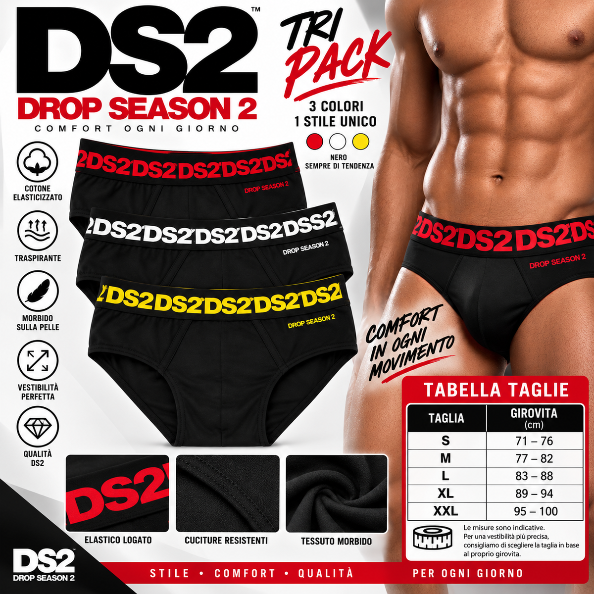 DS2 Drop Season 2 – Confezione da 3 Slip Uomo in Cotone Elasticizzato, Comfort Premium, Taglie dalla S alla XXXL, Colori Assortiti Nero/Bianco/Rosso/Nero-Giallo