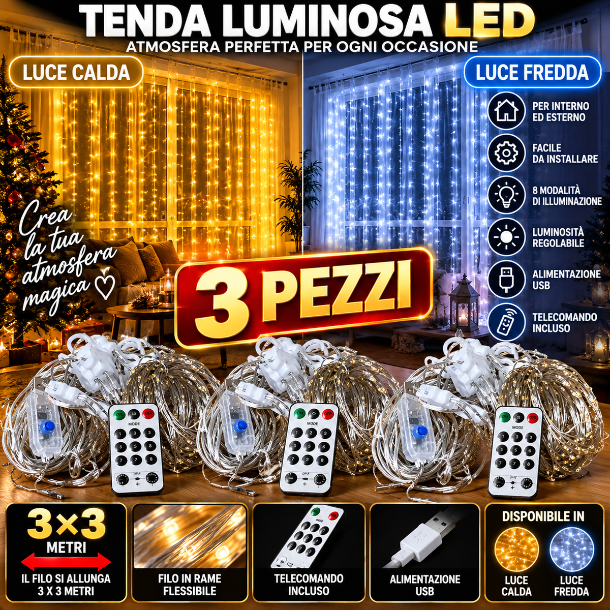 3 Pezzi di Tenda Luminosa LED 3×3 metri – Luce Calda / Luce Fredda 5