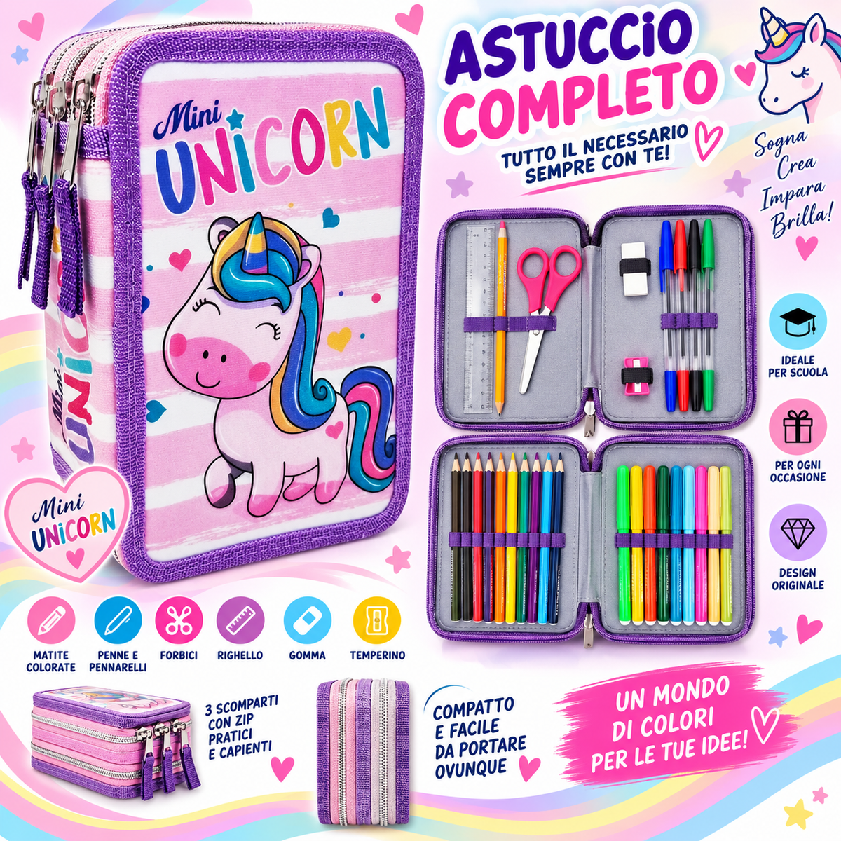 Astuccio Completo Mini Unicorn – 3 Scomparti