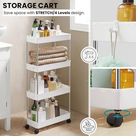 Carrello Portaoggetti 4 Ripiani Carrellino Cucina Salvaspazio Ruote Slim Bianco