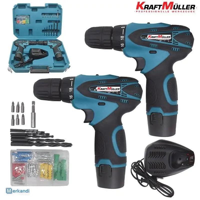 Trapano avvitatore a batteria AMC Professional 18V con 2 batterie, 2 velocità, 17 accessori, luce LED, mandrino autoserrante con impugnatura ergonomica, per il fai da te