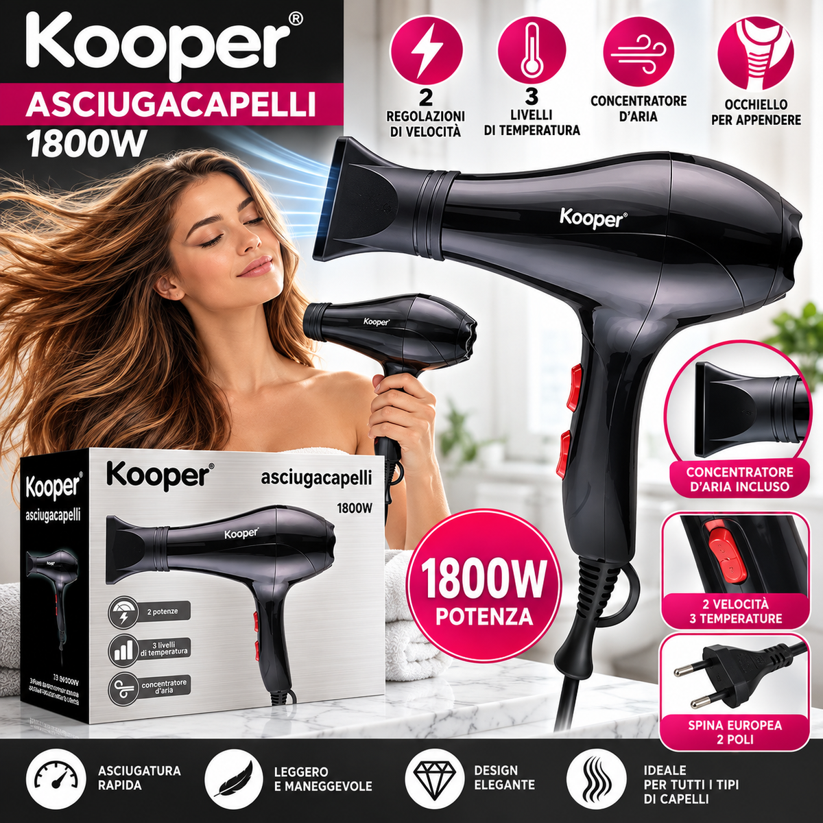 ASCIUGACAPELLI 1800 W, 2 VELOCITÀ, NERO, KOOPER 1