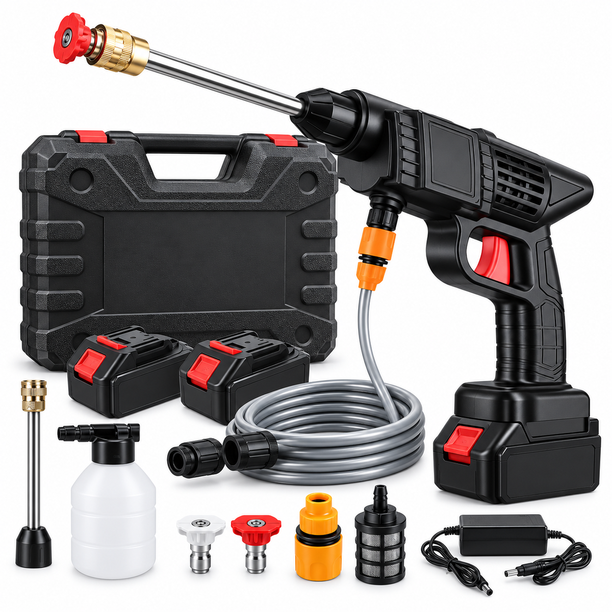 Idropulitrice Portatile Cordless Ricaricabile 20 Bar – Set 8 Pezzi con 2 Batterie, Tubo, Accessori e Ugelli per Auto, Bici, Pavimenti e Giardino 3