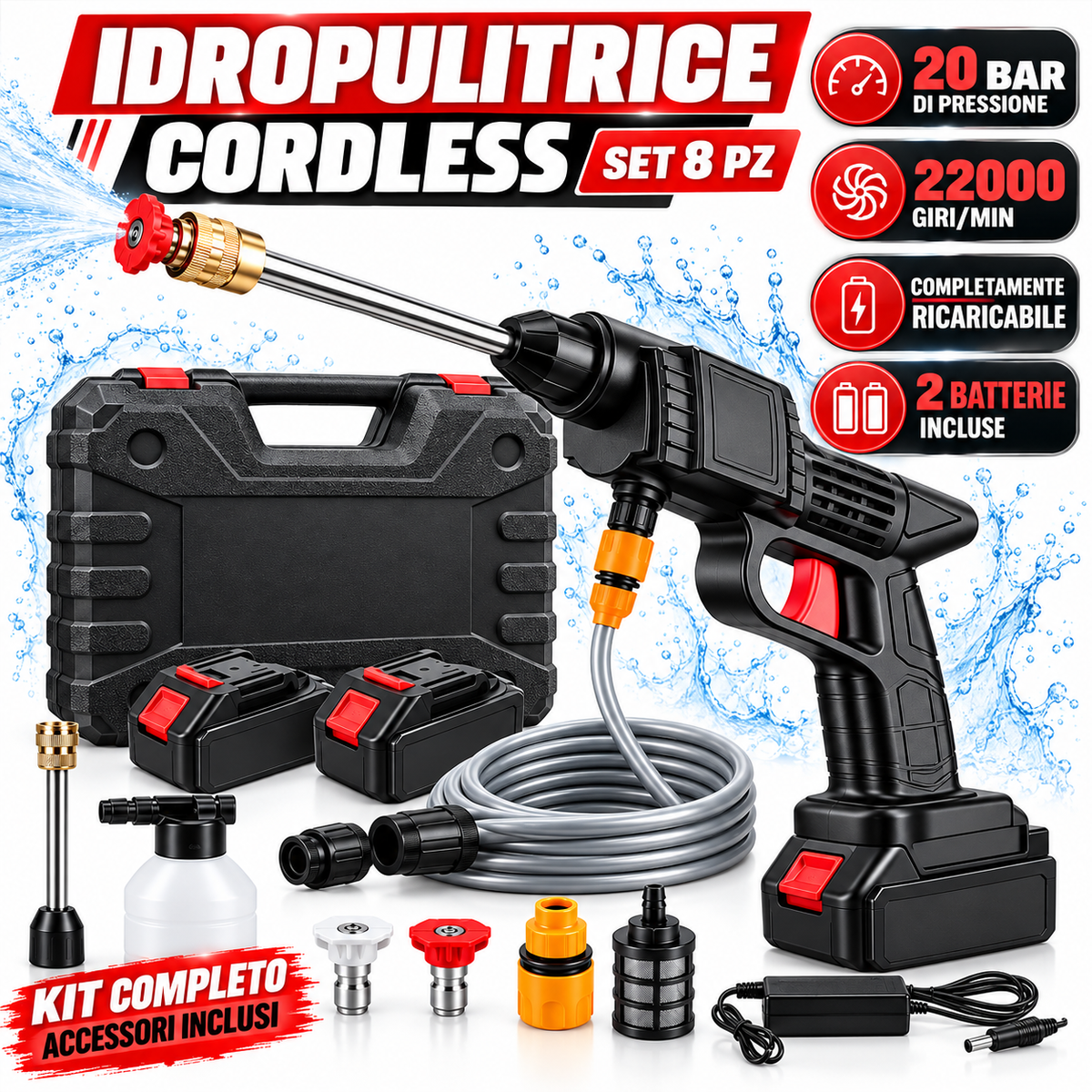 Idropulitrice Portatile Cordless Ricaricabile 20 Bar – Set 8 Pezzi con 2 Batterie, Tubo, Accessori e Ugelli per Auto, Bici, Pavimenti e Giardino